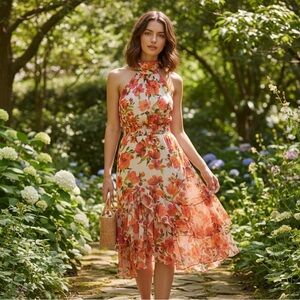 Misa Los Angeles Cream Halter Midi Dress with Coral and Orange Floral Print